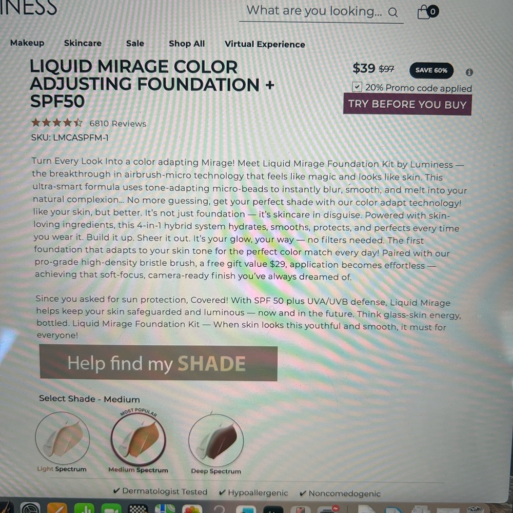 Luminess Liquid Mirage Foundation with Brush - Medium - NWOT - Picture 2 of 3